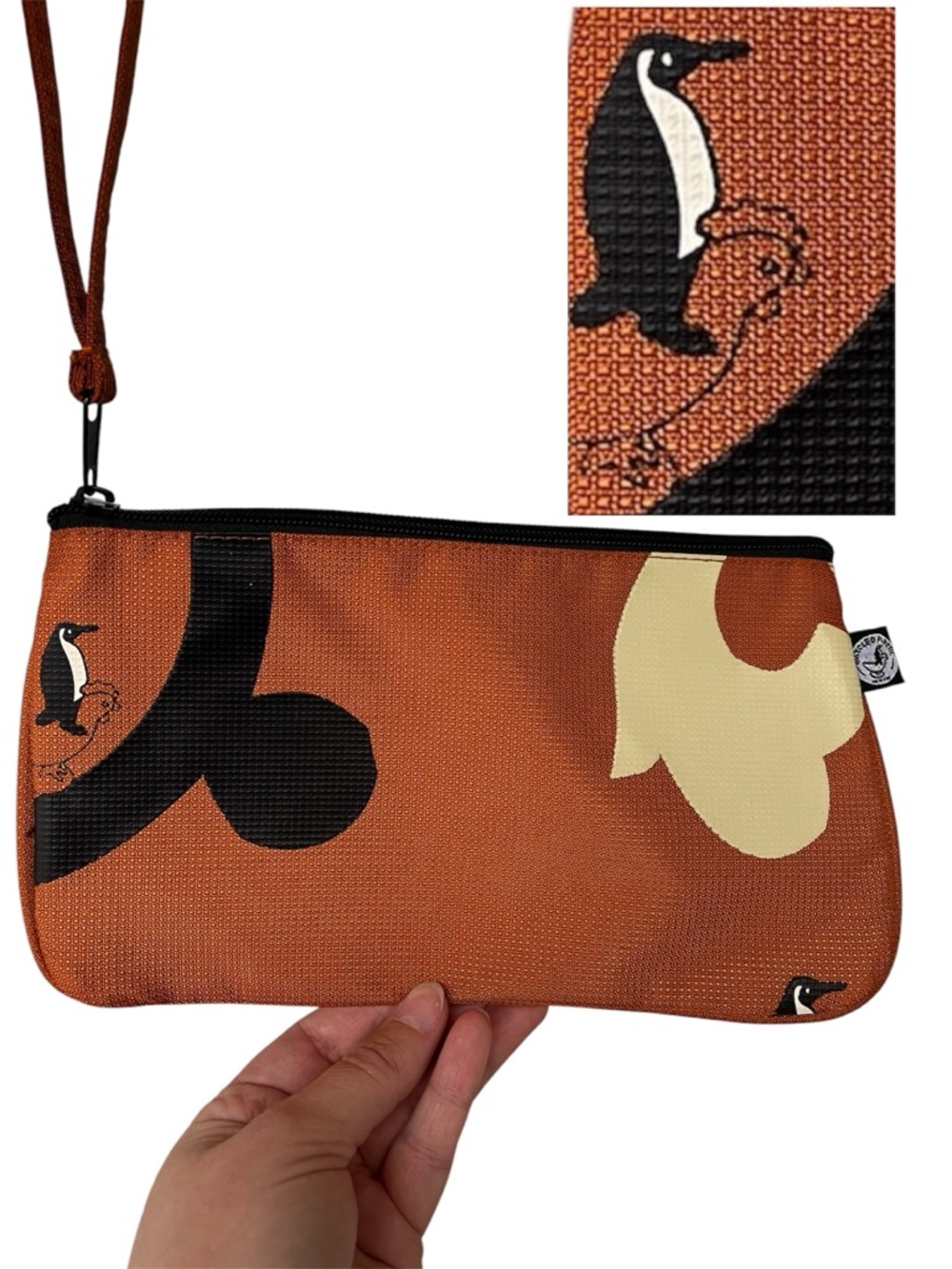 Penguin Print Orange Recycled Plastic Wristlet Clutch Pouch